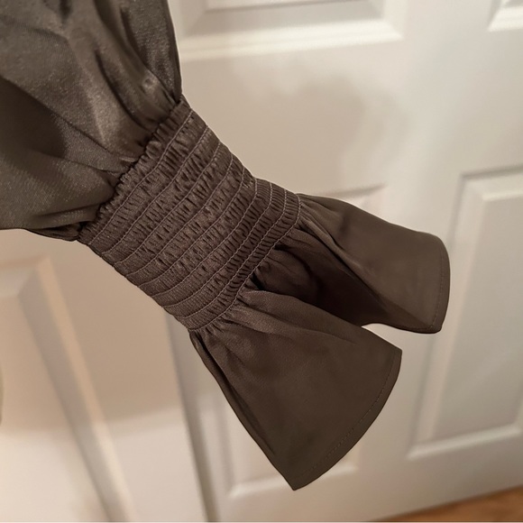 EXPRESS Silky Olive Green Off the Shoulder Blouse with Ruffle Sleeves 🆕 - Picture 3 of 4